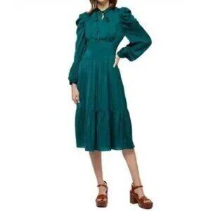 STELLAH Forest Green Obi Tie Front Long Sleeve Midi Dress NWT Size Small